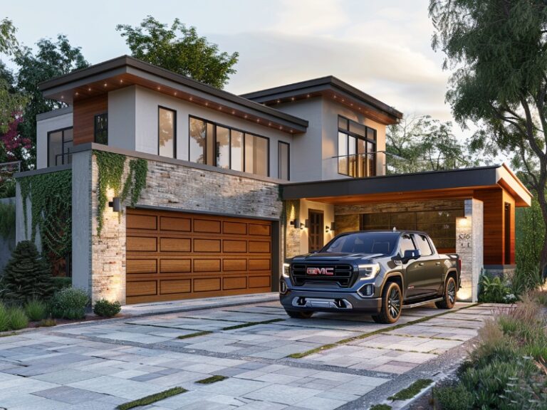 A modern house with wooden garage doors and a black GMC truck parked in the driveway, surrounded by greenery.