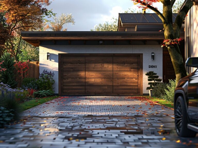 "Modern house with a wooden garage door and a cobblestone driveway, surrounded by autumn foliage."