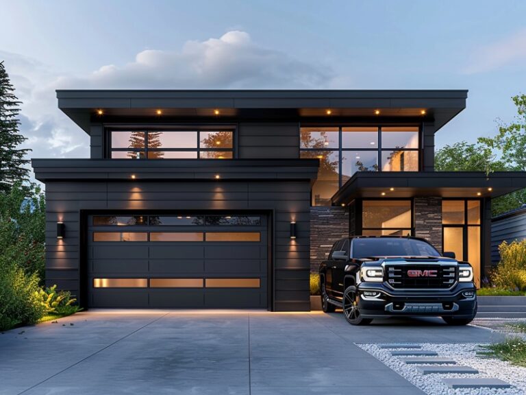 A modern two-story home with a black SUV parked in the driveway and sleek garage doors.