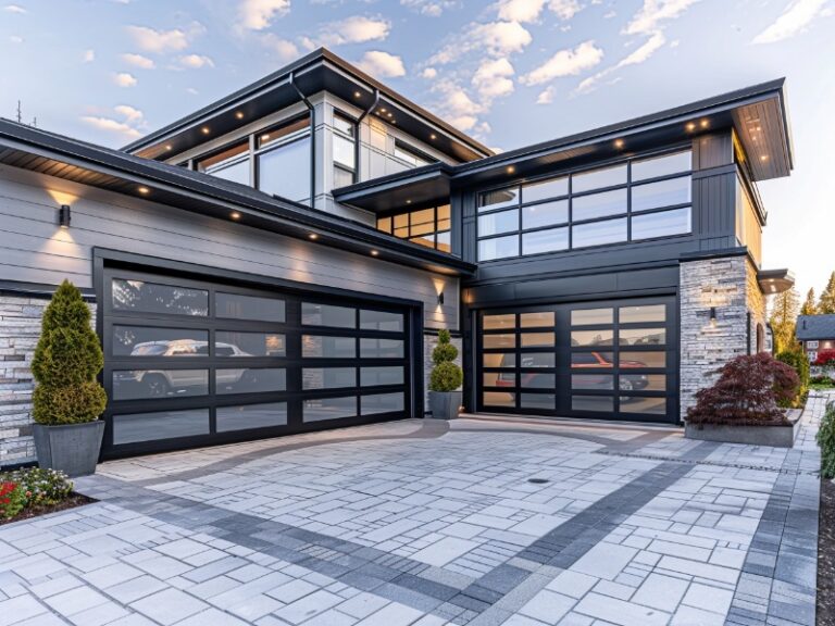 Modern two-story house with large glass-paneled garage doors, sleek gray exterior, and expansive paved driveway, highlighted by potted plants and clean lines.