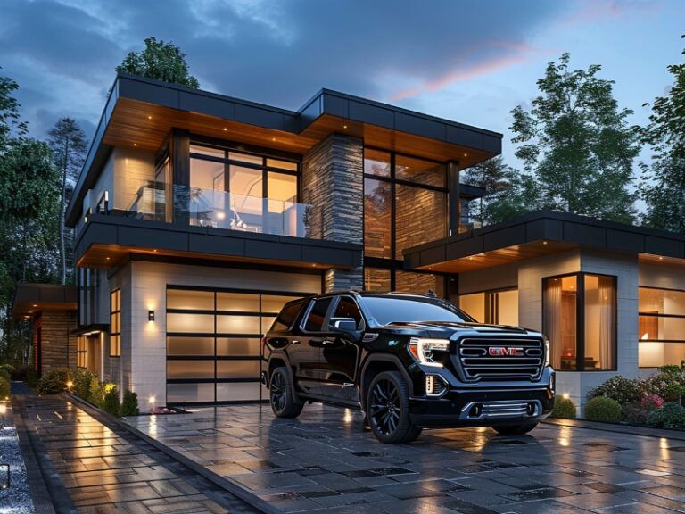 "Modern house with glass-panel garage doors and a black SUV parked in the driveway at dusk."
