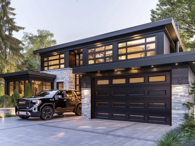 Modern, elegant, black garage door repaired by your local trusted garage door repairman in Berwyn, PA. Dreifuss Garage Doors.