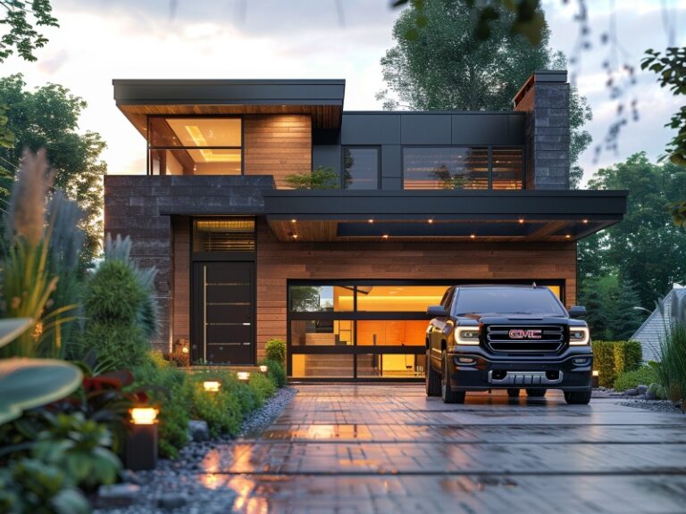 Modern two-story house with large windows and warm lighting, featuring a sleek garage door and a black GMC truck parked in the driveway, surrounded by lush greenery and decorative lighting.