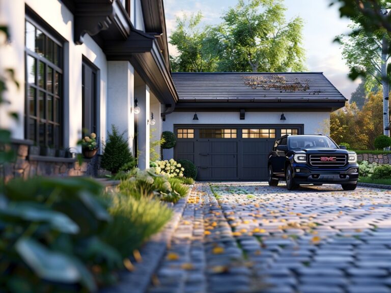 A black truck parked in the driveway of a modern house with a gray garage door.