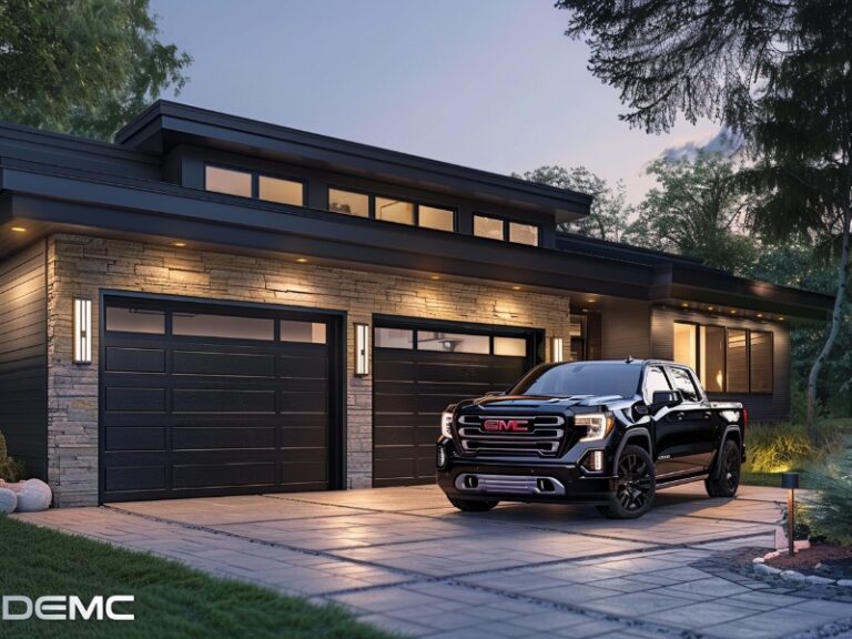 Modern single-story house with a dark exterior and large windows, featuring double garage doors and a sleek black GMC truck parked in front, set against a backdrop of greenery and a paved driveway.