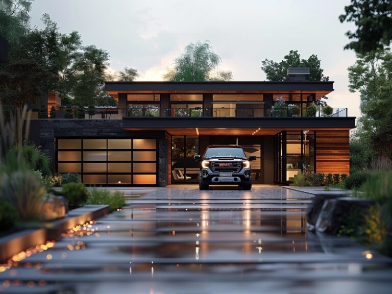 Modern house with glass garage doors, illuminated driveway, and a car parked in front during the evening.