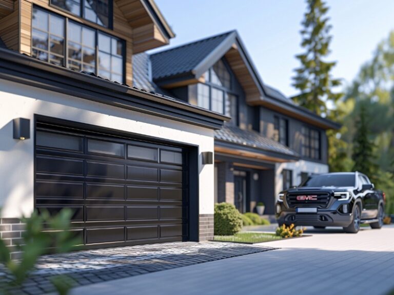 A black SUV parked in the driveway of a modern house with a dark garage door.