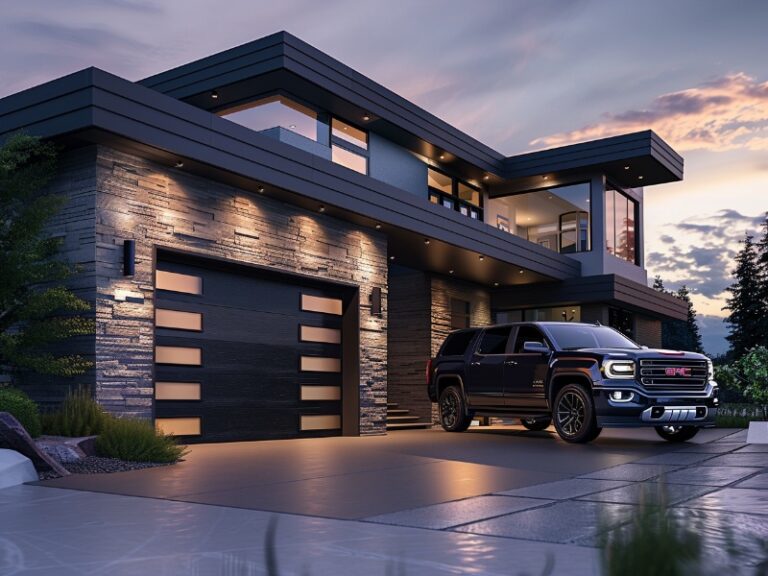 Modern two-story house with a sleek design, featuring a dark garage door with horizontal windows, large windows, and a stone exterior. A black SUV is parked in the driveway, illuminated by exterior lights at dusk.