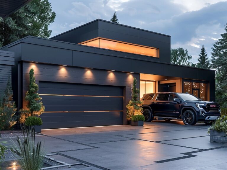 Modern home with a black garage door, sleek exterior lighting, and a spacious paved driveway.