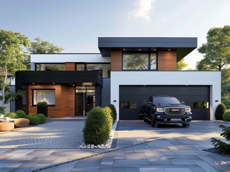 A modern home with black and white exterior, featuring a black truck parked in front of the garage with sleek, dark doors and a neatly landscaped driveway.