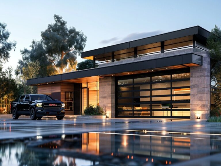 A modern single-story home with a sleek glass-paneled garage door, a black truck parked in the driveway, and a reflective water feature in the foreground.