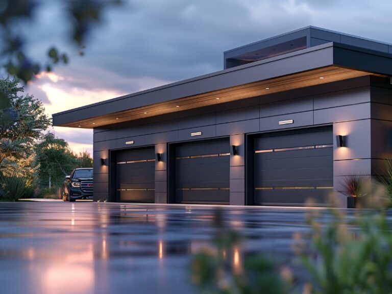 Modern home with three dark garage doors and a black car in the driveway.