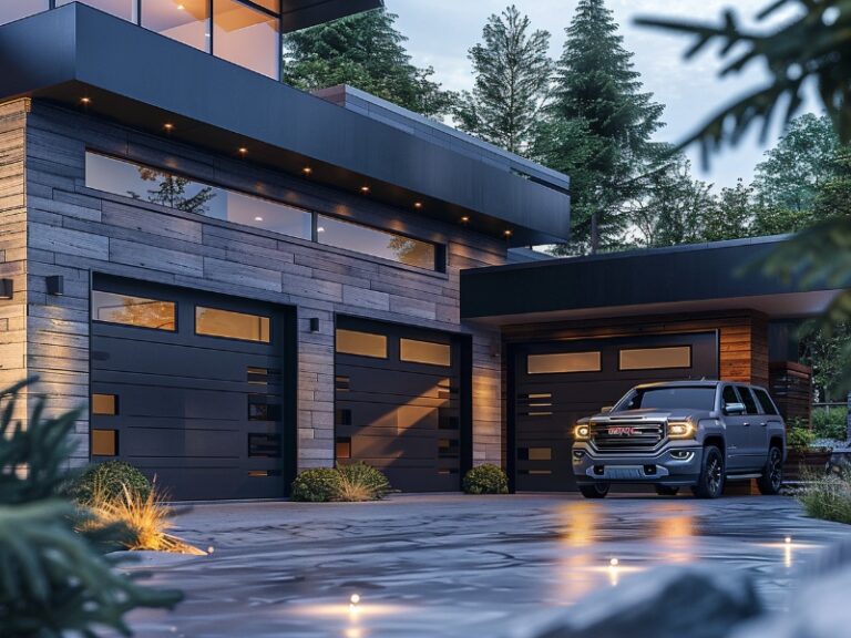 "Modern house with dark garage doors and a pickup truck parked in the driveway."
