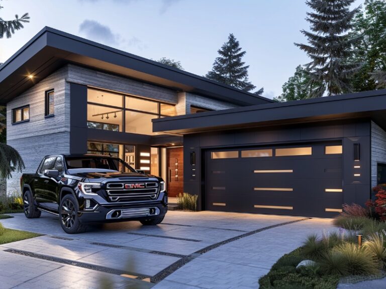 A modern house with a sleek garage door, featuring a black truck parked in front, surrounded by contemporary landscaping and tall trees.