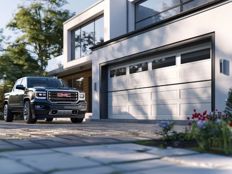 Truck parked in front of a garage door with durable hinges in Berwyn, PA.