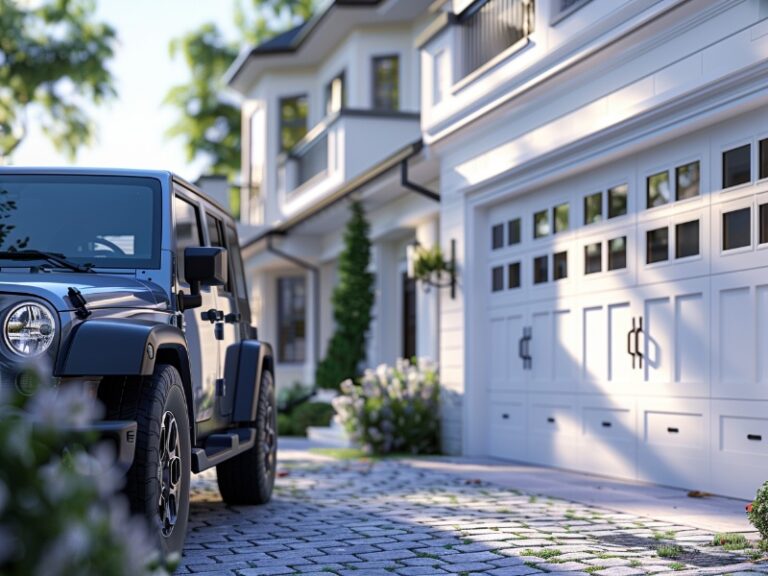 Garage door enhanced by decorative hardware.