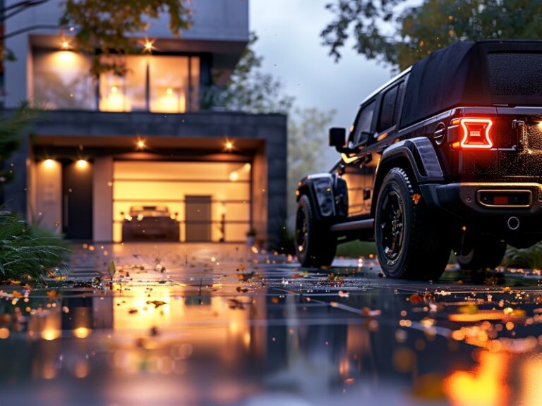 "Evening view of a modern home with a glass-paneled garage door, a black SUV parked on a wet driveway reflecting warm lights, surrounded by autumn foliage."