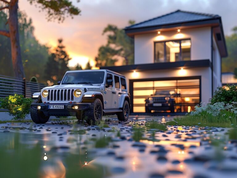 Modern two-story house with large windows and a sleek design, featuring a well-lit garage with an SUV parked in the driveway, surrounded by a beautifully landscaped garden and a wet, reflective stone pathway