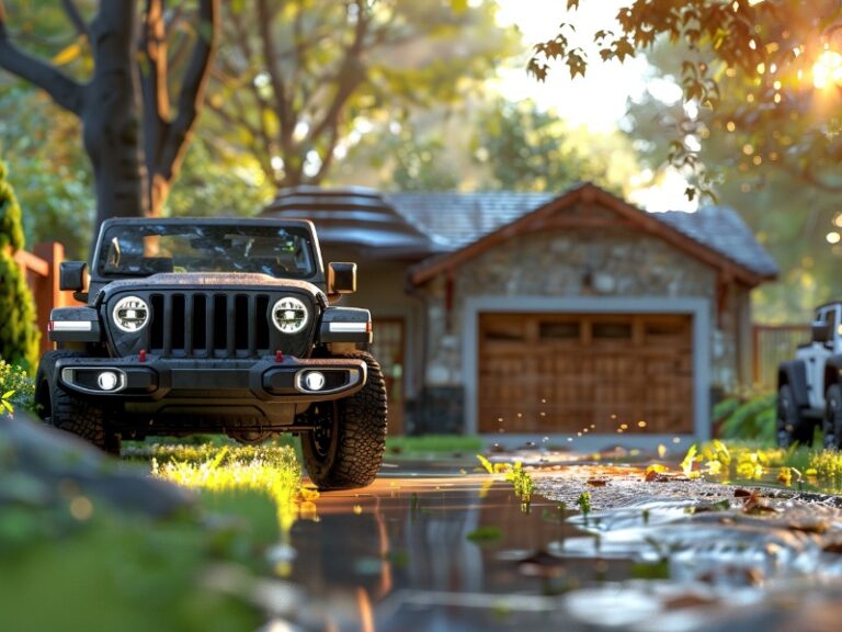 A black Jeep parked in a driveway with a wooden garage door in the background, surrounded by greenery and illuminated by warm, golden sunlight.