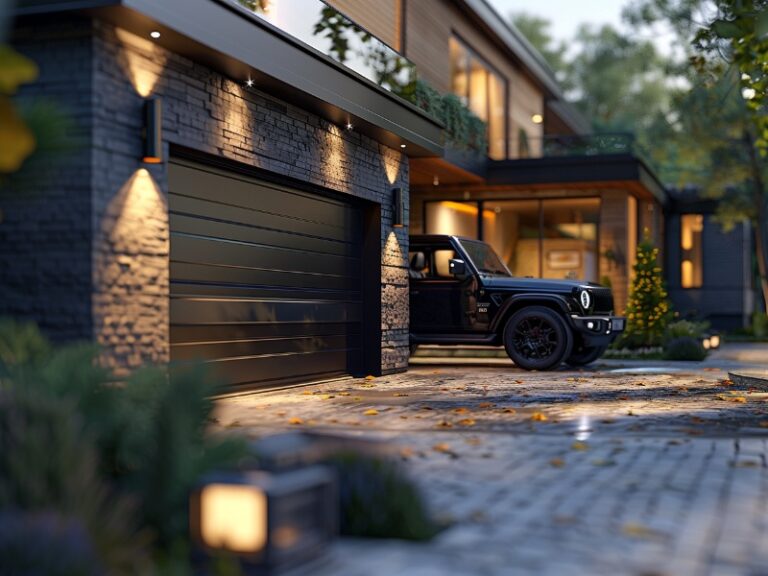 Dark, modern garage door, with the ability to be manually opened if needed.