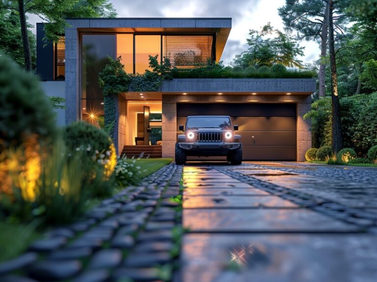 Modern home with a dark garage door and a black Jeep in the driveway.