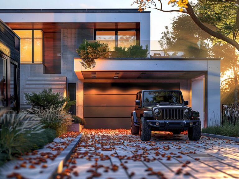 Modern home with a black Jeep in the driveway and a sleek garage door.