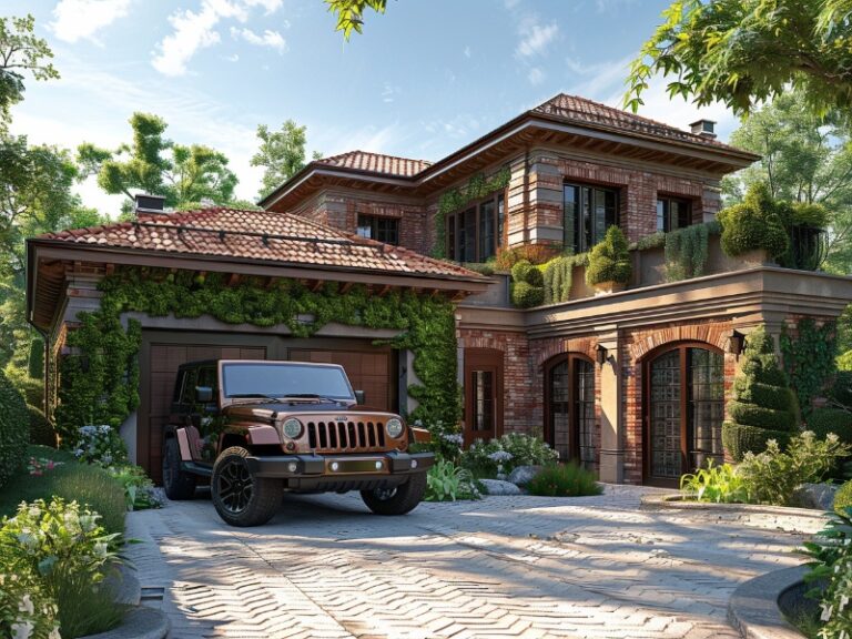 Luxurious brick villa with ivy, featuring arched doorways and a Jeep parked in the driveway, surrounded by lush landscaping.