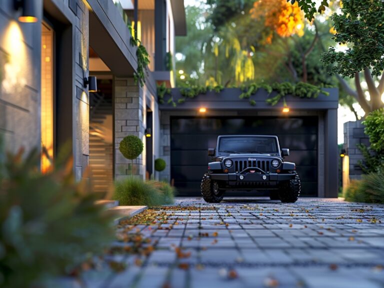 Black Jeep parked in a modern driveway with a sleek garage door.