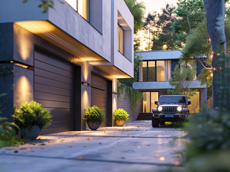 A modern house with dark garage doors and exterior lighting, featuring a Jeep parked in the driveway.