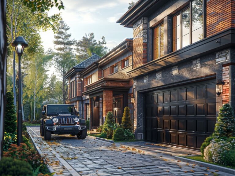 "Charming neighborhood street with brick homes, black garage doors, and a parked SUV on a cobblestone driveway."