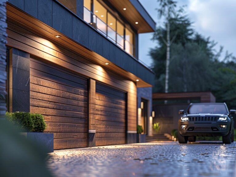 "Modern home exterior with illuminated wooden garage doors and a parked SUV on a wet driveway."