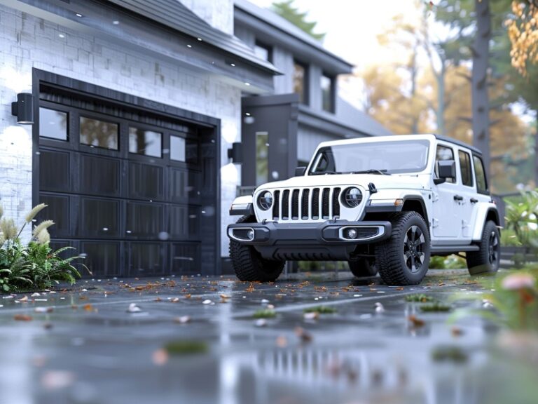 Modern house with a light stone exterior and black garage door, featuring a white Jeep parked on a wet driveway, surrounded by autumn leaves and greenery.
