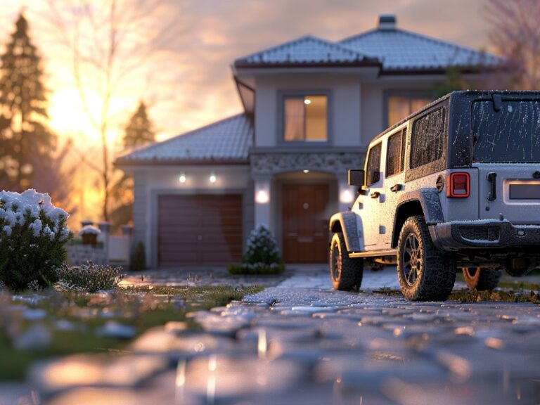 "Elegant home with a snow-dusted driveway, a parked SUV, and a warm sunset in the background."
