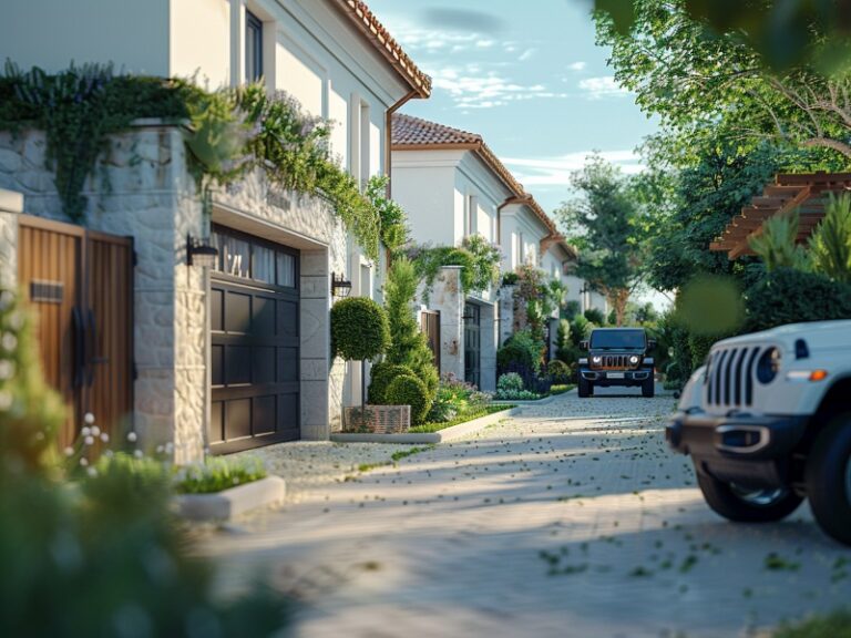 A picturesque neighborhood street lined with charming houses, each featuring unique garage doors and lush greenery, with a white Jeep parked in the foreground.