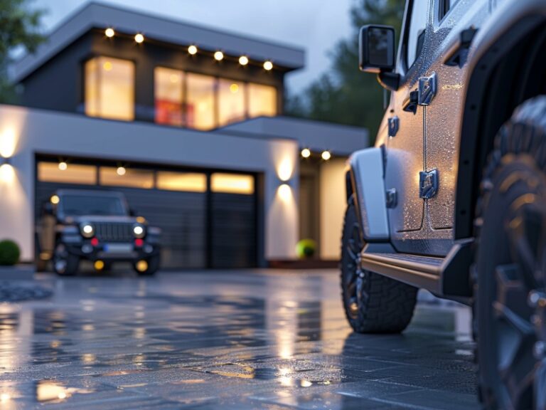 Two Jeeps parked in a modern driveway with a sleek garage door and a contemporary house in the background.