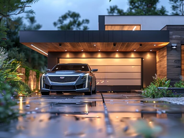A modern garage with sleek lighting, featuring a luxury car parked in front, framed by contemporary architecture and lush landscaping.