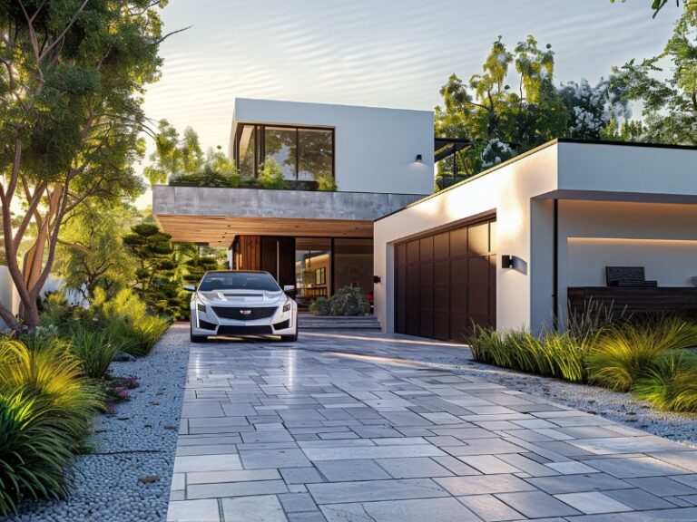 "Contemporary home with a white exterior, sleek black garage doors, and a car parked on a spacious, landscaped driveway."