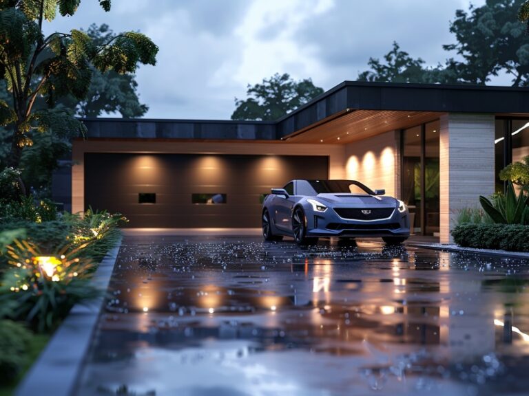 A modern home with a sleek black garage door, wet driveway, and a blue car parked in front, surrounded by lush greenery.