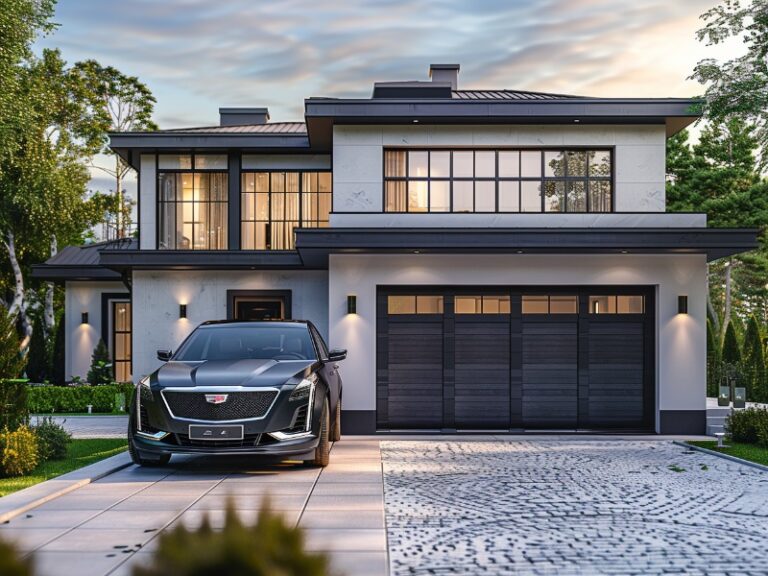 Sectional garage door with windows on a contemporary house.