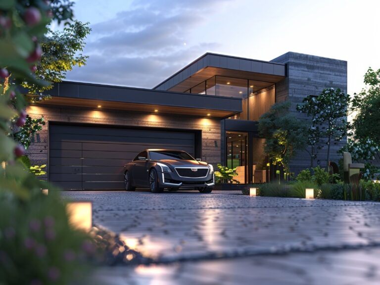 Modern two-story house with large windows and a sleek black car parked in front of double garage doors, featuring illuminated pathway lights and lush greenery.