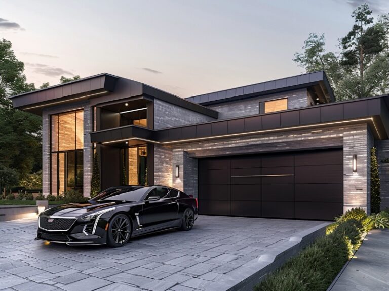 A sleek, modern house with a dark garage door and a black car parked on a spacious driveway.