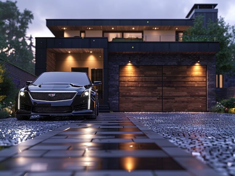 Modern two-story house with a dark wood and stone exterior, featuring large windows, illuminated exterior lights, a double garage door, and a sleek black car parked in front, with a cobblestone driveway and wet pavement reflecting the lights.