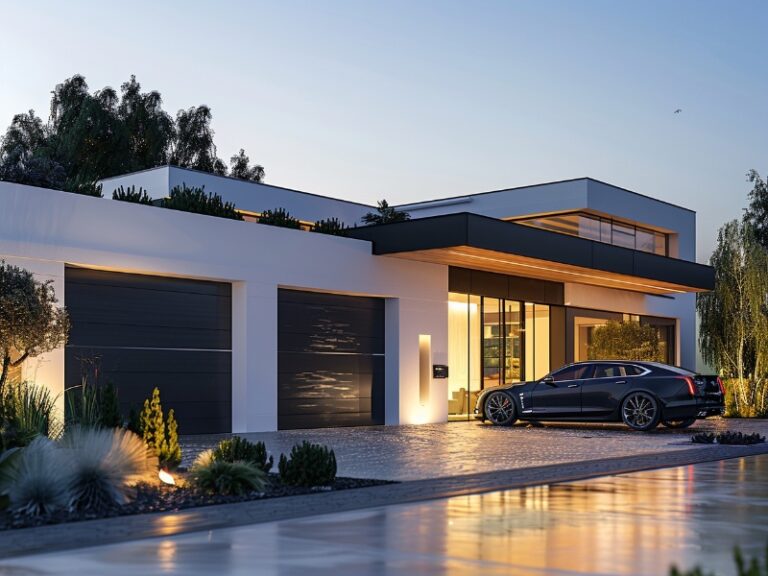 "Elegant modern home with a white exterior, dark garage doors, and a luxury car parked on the driveway at dusk."