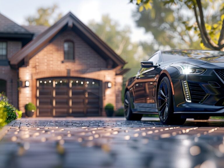 A sleek black car parked in front of a stylish brick house with a wooden garage door.