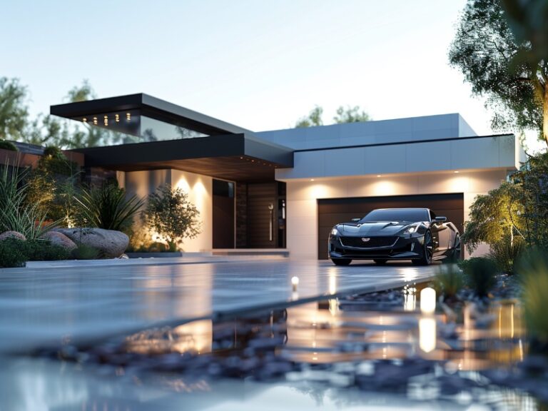 "Stylish modern home with a sleek black car parked in the driveway, featuring a clean white exterior and dark garage doors."