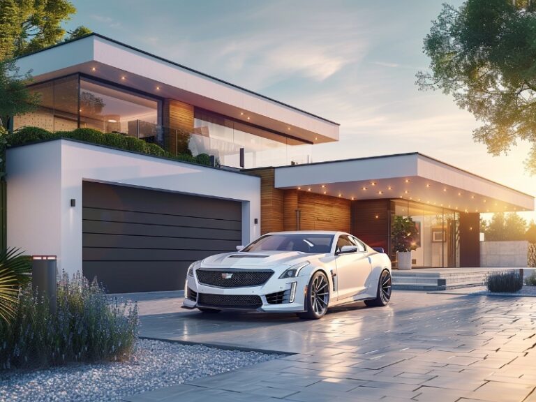 A modern house with sleek garage doors and large glass windows, featuring a luxury white car parked in front, surrounded by minimalist landscaping and a sunlit driveway.