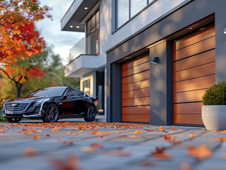 Modern home with wooden garage doors and a black car in the driveway.