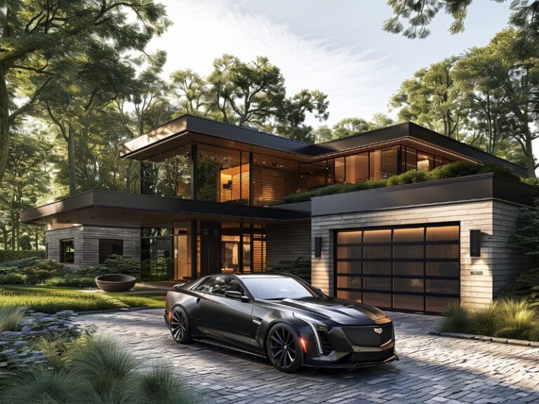 "Modern two-story house with large windows, a glass garage door, and a black car parked in the driveway."