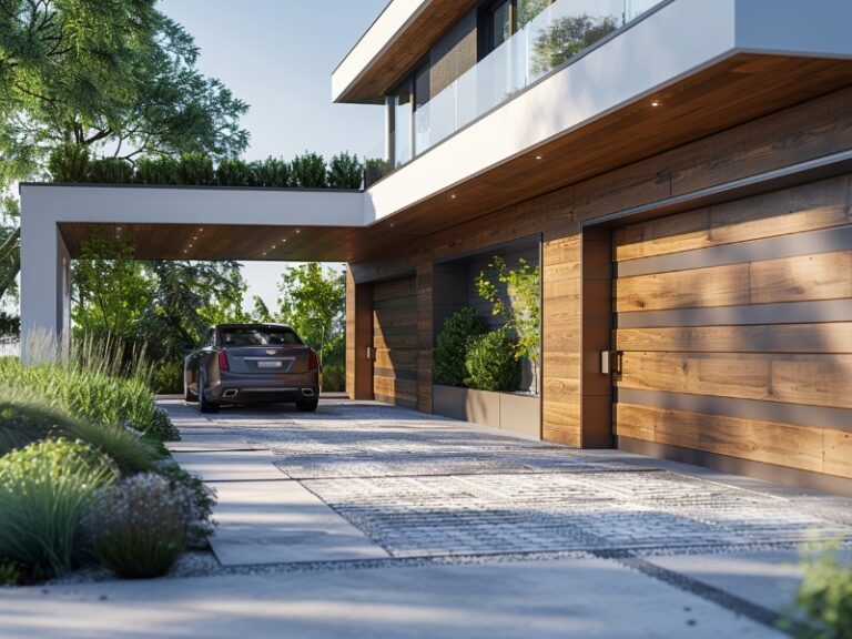 "Modern home with wooden garage doors, a sleek car parked under a covered driveway, and lush landscaping."