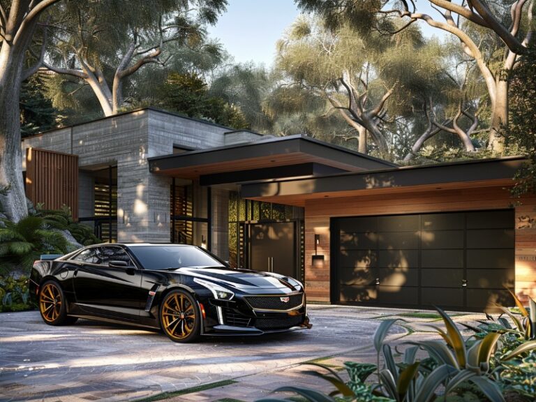 Modern house with wooden and concrete exterior, large windows, dark garage door, and a black car in the driveway, surrounded by lush greenery.